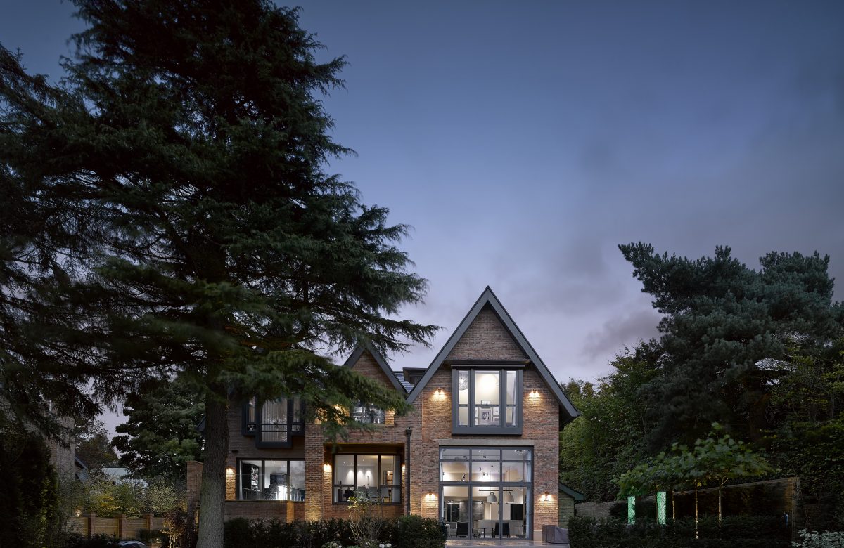 grand design, cheshire, wilmslow, luxury, dusk, brickwork, pitched roof