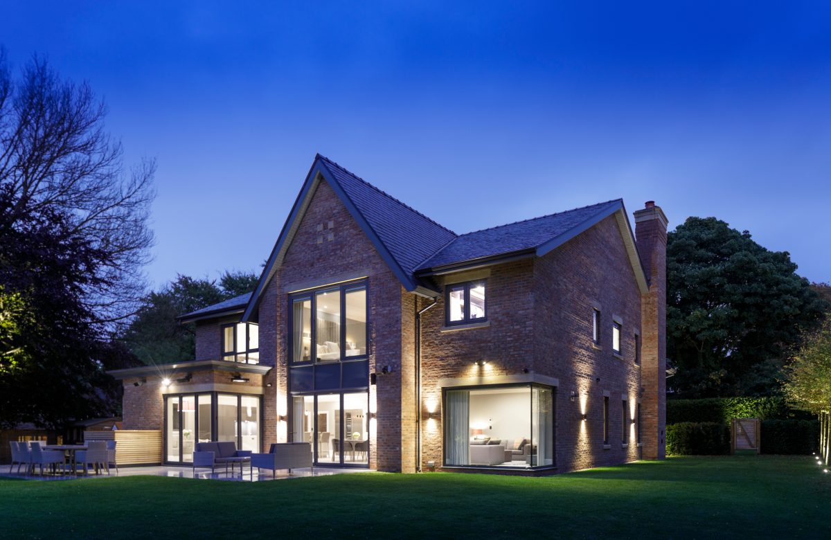 grand design, cheshire, wilmslow, luxury, dusk, brickwork, pitched roof, dream home