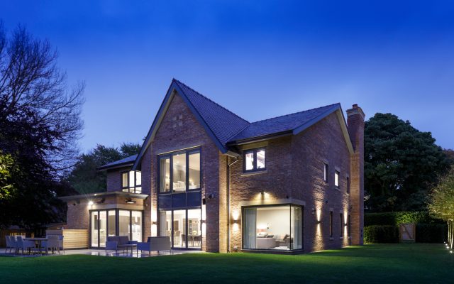 grand design, cheshire, wilmslow, luxury, dusk, brickwork, pitched roof, dream home